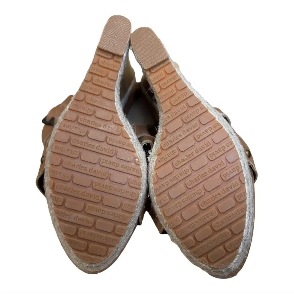 Charles David Womens  Tan Faux Leather Wedge Sandals Size 8.5 Faux Wood
